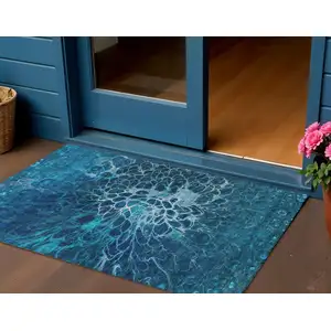 Photo of Navy Blue And Sky Blue Abstract Washable Indoor Outdoor Area Rug