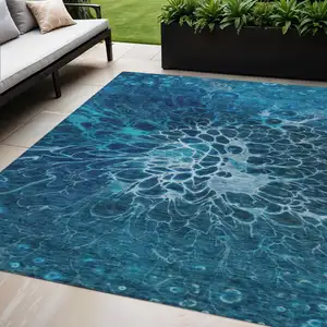 Photo of Navy Blue And Sky Blue Abstract Washable Indoor Outdoor Area Rug