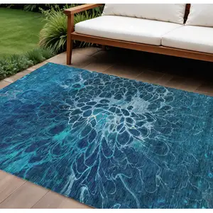 Photo of Navy Blue And Sky Blue Abstract Washable Indoor Outdoor Area Rug