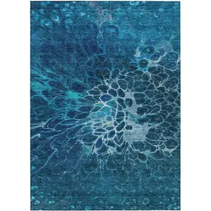 Photo of Navy Blue And Sky Blue Abstract Washable Indoor Outdoor Area Rug