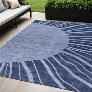 Photo of Navy Blue And Sky Blue Abstract Washable Indoor Outdoor Area Rug