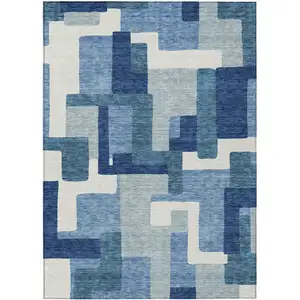 Photo of Navy Blue And Sky Blue Abstract Washable Indoor Outdoor Area Rug