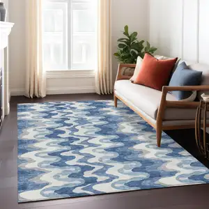 Photo of Navy Blue And Sky Blue Abstract Washable Indoor Outdoor Area Rug