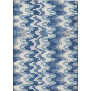 Photo of Navy Blue And Sky Blue Abstract Washable Indoor Outdoor Area Rug