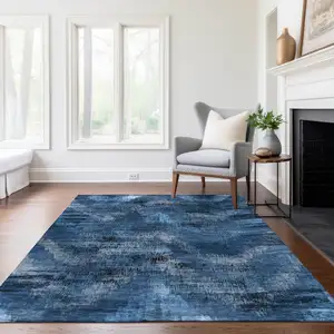 Photo of Navy Blue And Sky Blue Abstract Washable Indoor Outdoor Area Rug