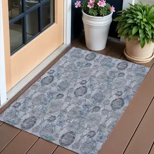 Photo of Navy Blue And Sky Blue Damask Washable Indoor Outdoor Area Rug