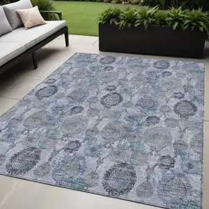 Photo of Navy Blue And Sky Blue Damask Washable Indoor Outdoor Area Rug