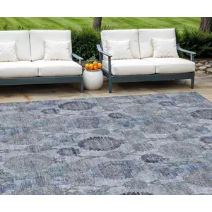 Photo of Navy Blue And Sky Blue Damask Washable Indoor Outdoor Area Rug