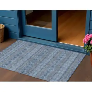 Photo of Navy Blue And Sky Blue Floral Medallion Washable Indoor Outdoor Area Rug