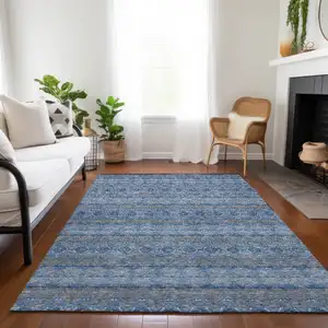 Photo of Navy Blue And Sky Blue Floral Medallion Washable Indoor Outdoor Area Rug