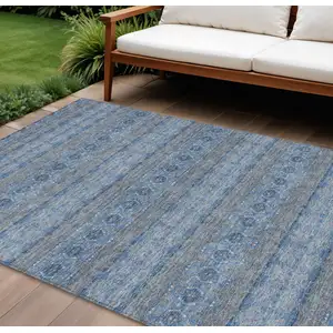 Photo of Navy Blue And Sky Blue Floral Medallion Washable Indoor Outdoor Area Rug