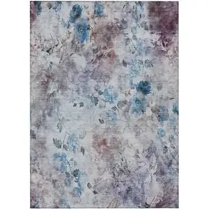 Photo of Navy Blue And Sky Blue Floral Washable Indoor Outdoor Area Rug