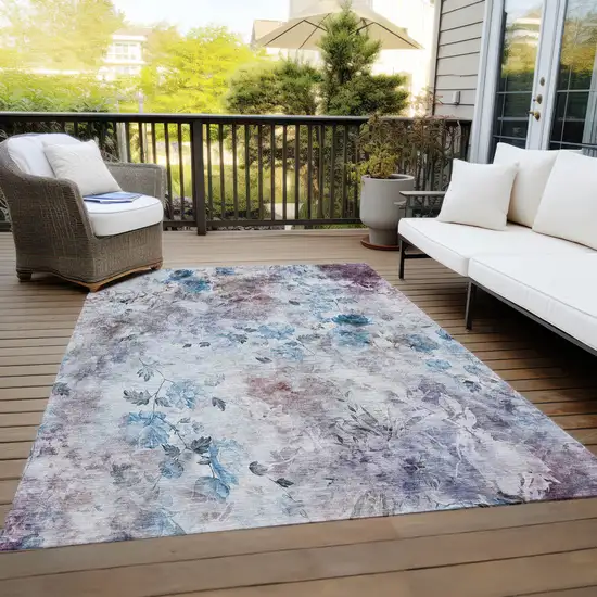 Navy Blue And Sky Blue Floral Washable Indoor Outdoor Area Rug Photo 9