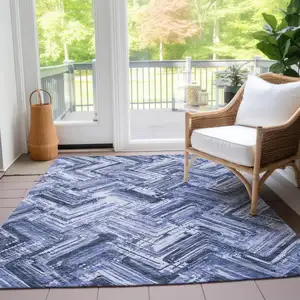 Photo of Navy Blue And Sky Blue Geometric Washable Indoor Outdoor Area Rug