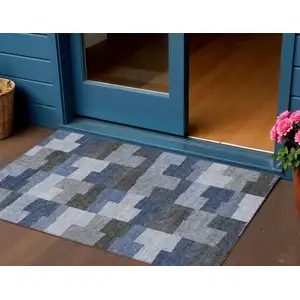 Photo of Navy Blue And Sky Blue Geometric Washable Indoor Outdoor Area Rug