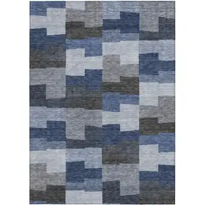 Photo of Navy Blue And Sky Blue Geometric Washable Indoor Outdoor Area Rug