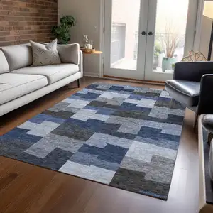 Photo of Navy Blue And Sky Blue Geometric Washable Indoor Outdoor Area Rug