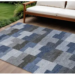 Photo of Navy Blue And Sky Blue Geometric Washable Indoor Outdoor Area Rug