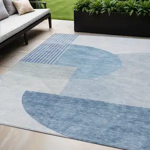 Photo of Navy Blue And Sky Blue Geometric Washable Indoor Outdoor Area Rug