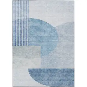 Photo of Navy Blue And Sky Blue Geometric Washable Indoor Outdoor Area Rug