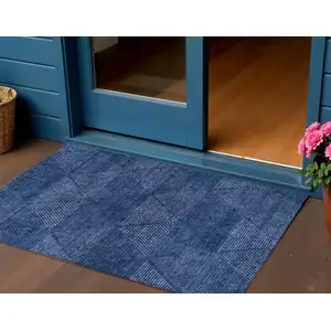 Photo of Navy Blue And Sky Blue Geometric Washable Indoor Outdoor Area Rug