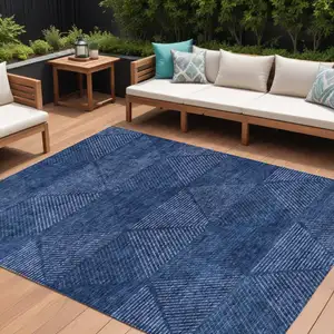 Photo of Navy Blue And Sky Blue Geometric Washable Indoor Outdoor Area Rug