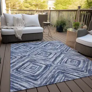 Photo of Navy Blue And Sky Blue Geometric Washable Indoor Outdoor Area Rug