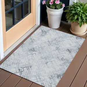 Photo of Navy Blue And Sky Blue Geometric Washable Indoor Outdoor Area Rug