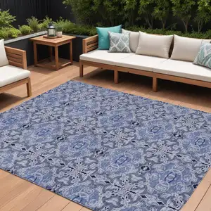 Photo of Navy Blue And Sky Blue Medallion Washable Indoor Outdoor Area Rug