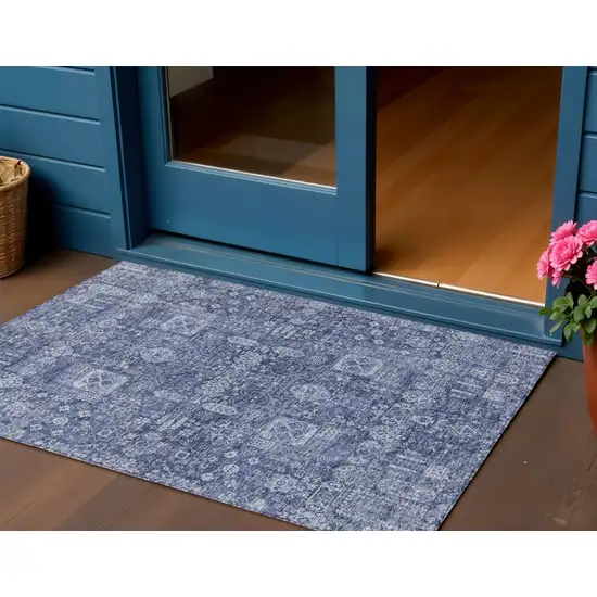 Navy Blue And Sky Blue Oriental Washable Indoor Outdoor Area Rug Photo 1