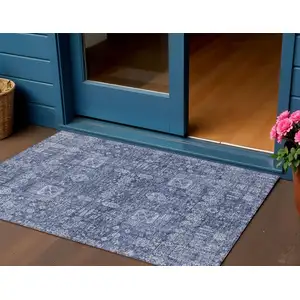 Photo of Navy Blue And Sky Blue Oriental Washable Indoor Outdoor Area Rug