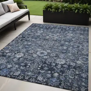 Photo of Navy Blue And Sky Blue Oriental Washable Indoor Outdoor Area Rug