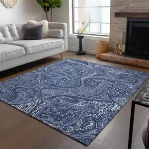 Photo of Navy Blue And Sky Blue Paisley Washable Indoor Outdoor Area Rug