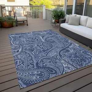 Photo of Navy Blue And Sky Blue Paisley Washable Indoor Outdoor Area Rug