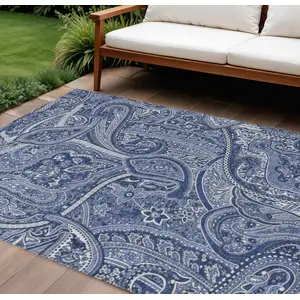 Photo of Navy Blue And Sky Blue Paisley Washable Indoor Outdoor Area Rug