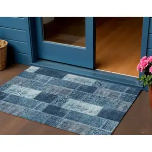 Photo of Navy Blue And Sky Blue Patchwork Washable Indoor Outdoor Area Rug