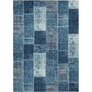 Photo of Navy Blue And Sky Blue Patchwork Washable Indoor Outdoor Area Rug