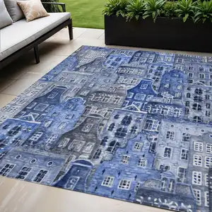 Photo of Navy Blue And Sky Blue Village Houses Washable Indoor Outdoor Area Rug