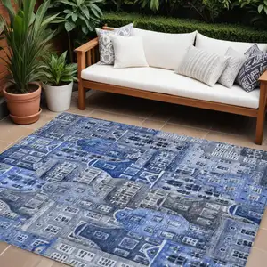 Photo of Navy Blue And Sky Blue Village Houses Washable Indoor Outdoor Area Rug