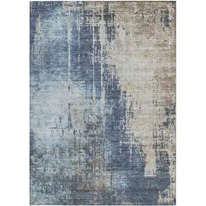 Photo of Navy Blue And Taupe Abstract Washable Indoor Outdoor Area Rug