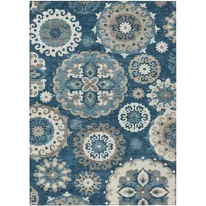 Photo of Navy Blue And Taupe Floral Medallion Washable Indoor Outdoor Area Rug