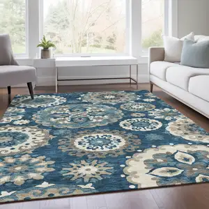 Photo of Navy Blue And Taupe Floral Medallion Washable Indoor Outdoor Area Rug