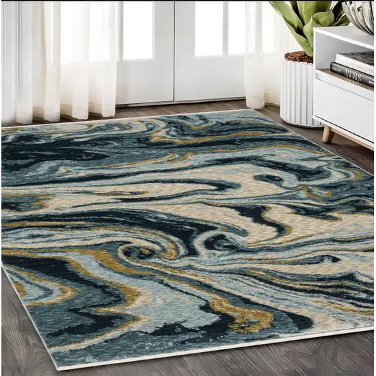 Navy Blue And Teal Abstract Area Rug With Fringe Photo 1