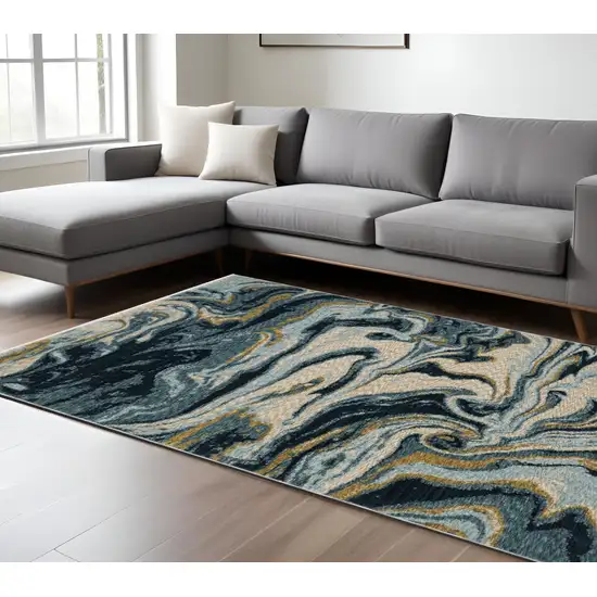 Navy Blue And Teal Abstract Area Rug With Fringe Photo 1