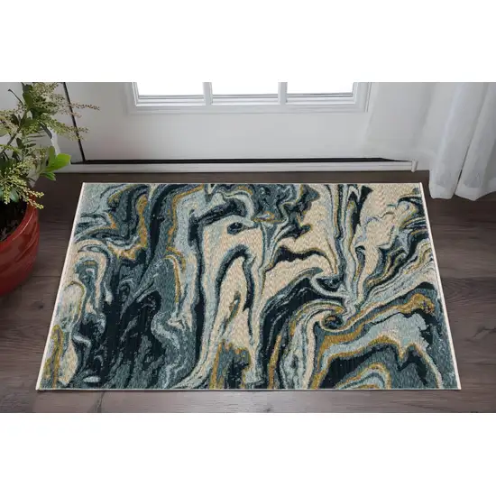 Navy Blue And Teal Abstract Area Rug With Fringe Photo 1