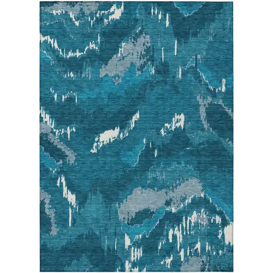 Navy Blue And Teal Blue Abstract Washable Indoor Outdoor Area Rug Photo 2