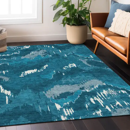 Navy Blue And Teal Blue Abstract Washable Indoor Outdoor Area Rug Photo 9