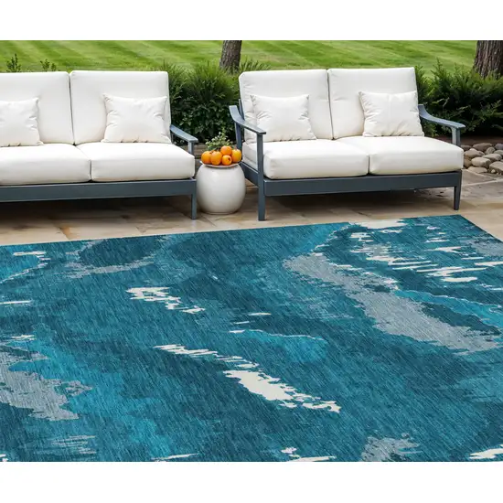 Navy Blue And Teal Blue Abstract Washable Indoor Outdoor Area Rug Photo 1