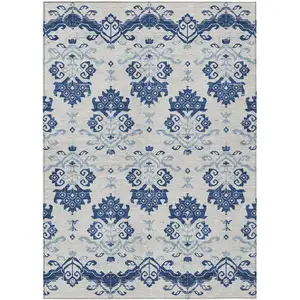 Photo of Navy Blue Beige And Denim Blue Oriental Washable Indoor Outdoor Area Rug