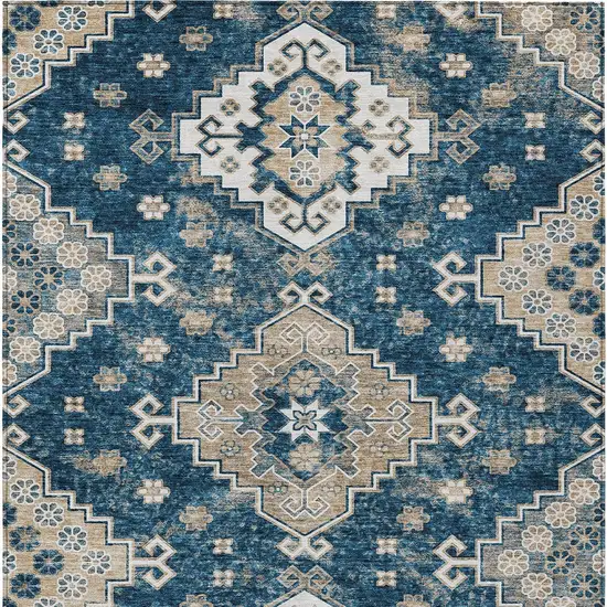 Navy Blue Beige And Ivory Medallion Washable Indoor Outdoor Area Rug Photo 7